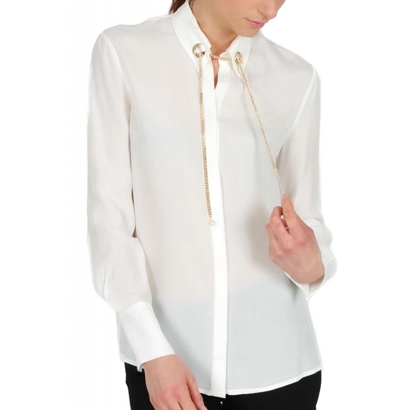 Camicia donna elegante blusa maniche lunghe bianca dettaglio nodo