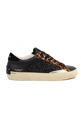 SNEAKERS DONNA PELLE DETTAGLI ANIMALIER E GLITTER, NERO