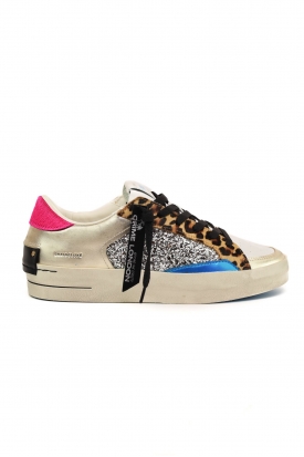 SNEAKERS DONNA PELLE DETTAGLI ANIMALIER E GLITTER, BIANCO