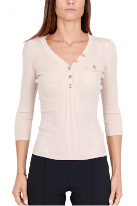 MAGLIA SCOLLO V IN MISTO SETA, BEIGE