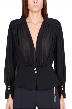 BLUSA IN GEORGETTE CON SCOLLO INCROCIATO, NERO