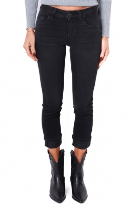 JEANS SKINNY RISVOLTO CON STRASS, NERO