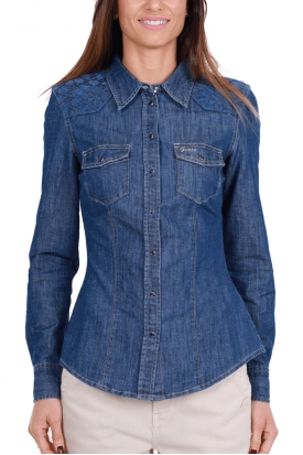 CAMICIA IN JEANS CON INSERTO PIZZO, BLU